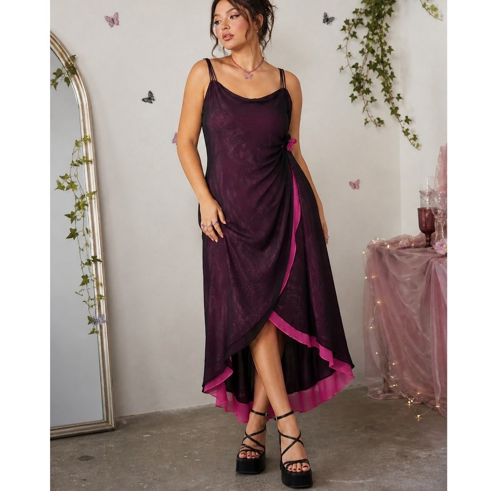 Betsey & Adam Y2K Black Slip Dress Fairycore Whimsical Layered Hem Pink Size 14W